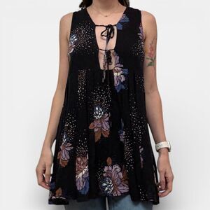 Free People Whimsigoth Boho Romantic Lovely Day Black Floral Print Tunic Dress S